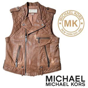 Michael Kors Light Brown Leather Women/Girls Vest Style-Jacket, Size S, Zipper.